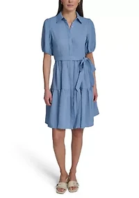 Women's Puff Sleeve Crepe Solid A-Line Dress