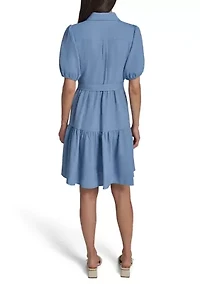 Women's Puff Sleeve Crepe Solid A-Line Dress