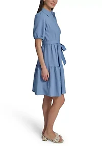 Women's Puff Sleeve Crepe Solid A-Line Dress