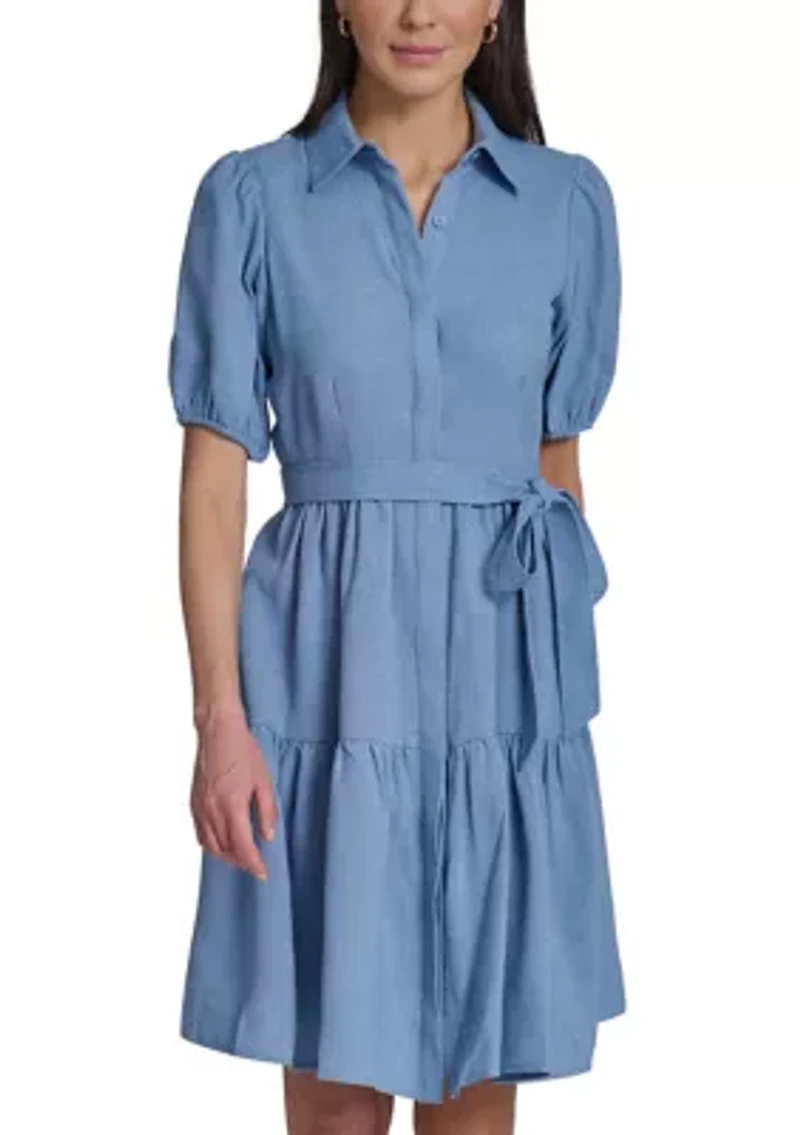 Women's Puff Sleeve Crepe Solid A-Line Dress