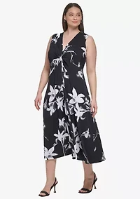 Plus Sleeveless V-Neck Floral Fit and Flare Midi Dress