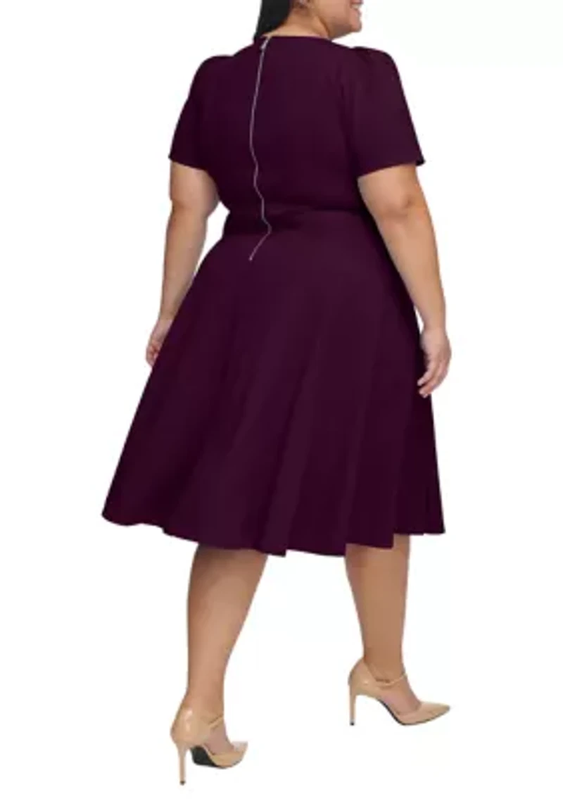 Plus Puff Sleeve Solid Fit and Flare Dress