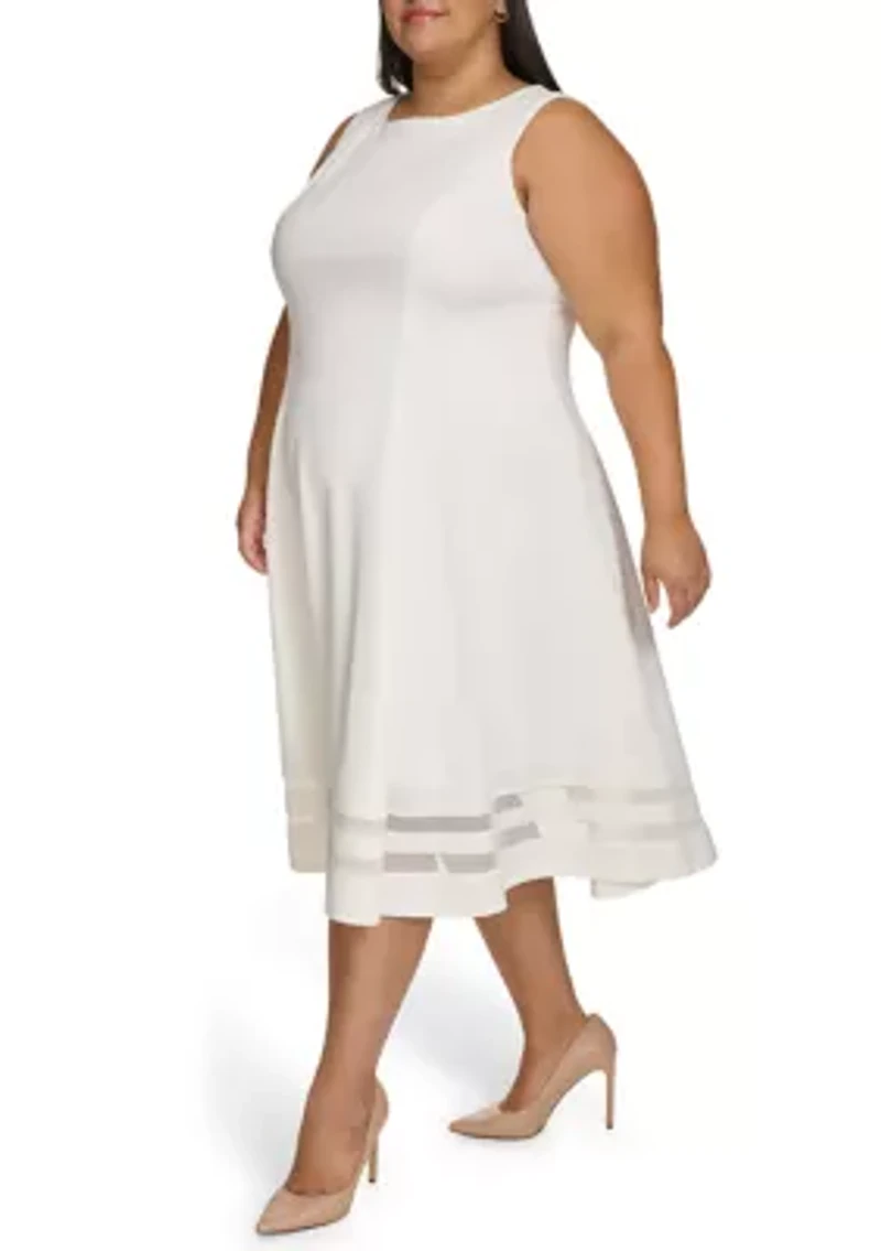 Plus Sleeveless Crew Neck Scuba Crepe Fit and Flare Dress