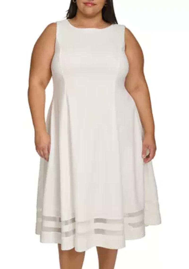 Plus Sleeveless Crew Neck Scuba Crepe Fit and Flare Dress