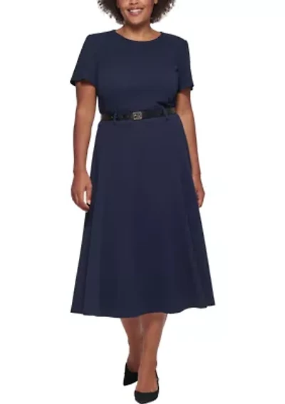 Plus Belt Waist Solid Fit and Flare Dress