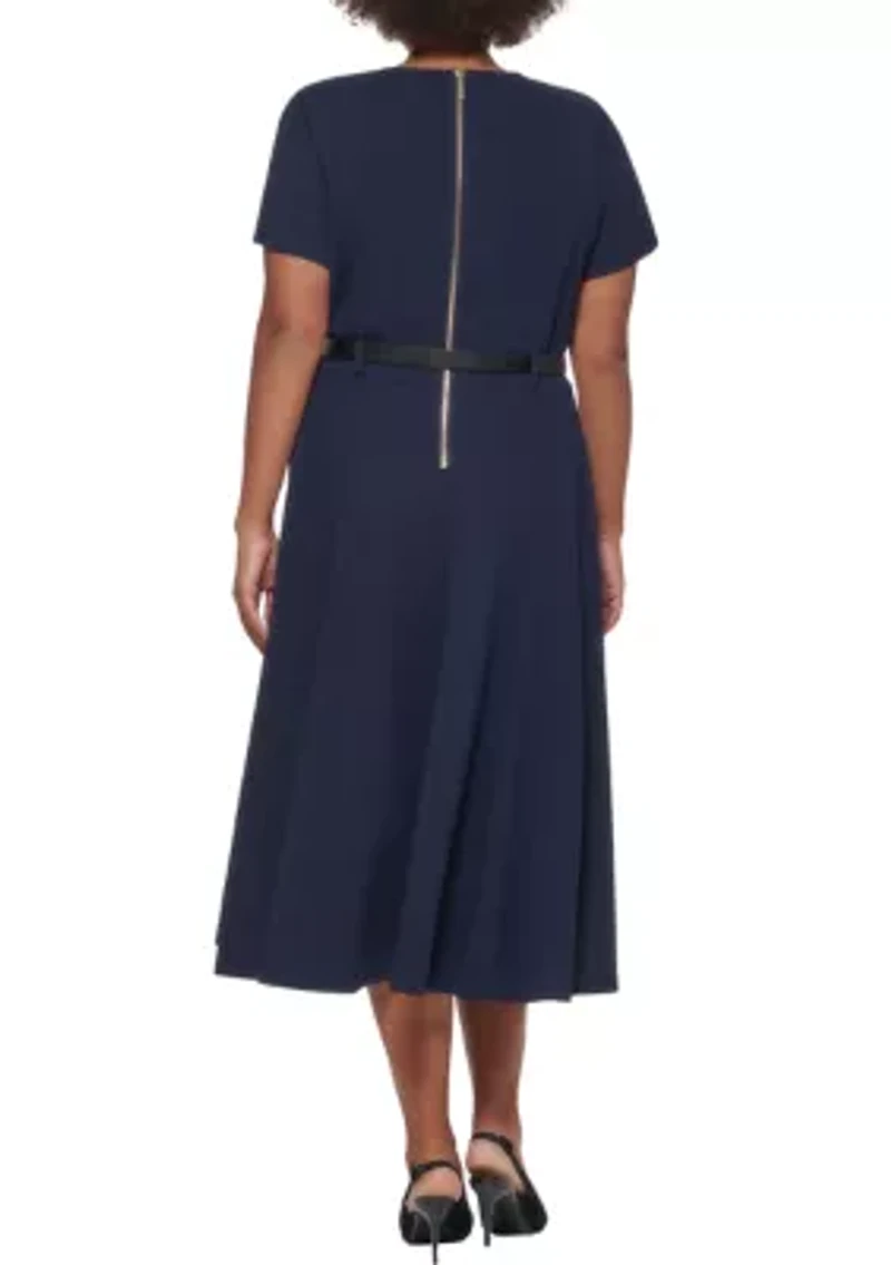 Plus Belt Waist Solid Fit and Flare Dress