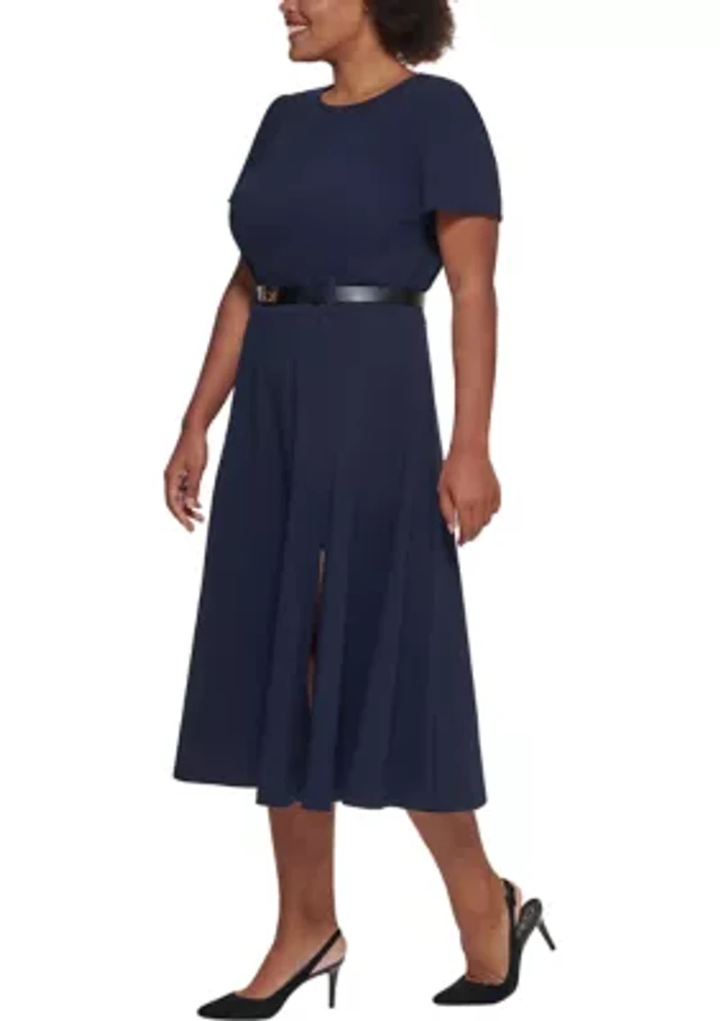 Plus Belt Waist Solid Fit and Flare Dress