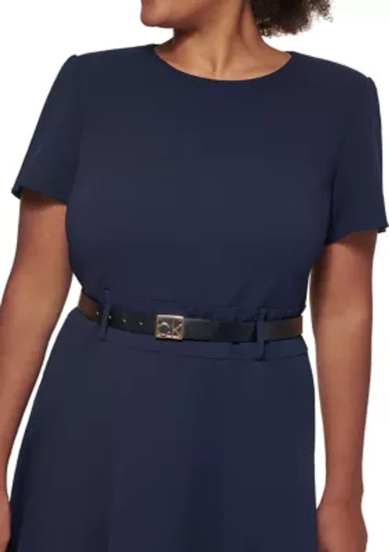 Plus Belt Waist Solid Fit and Flare Dress