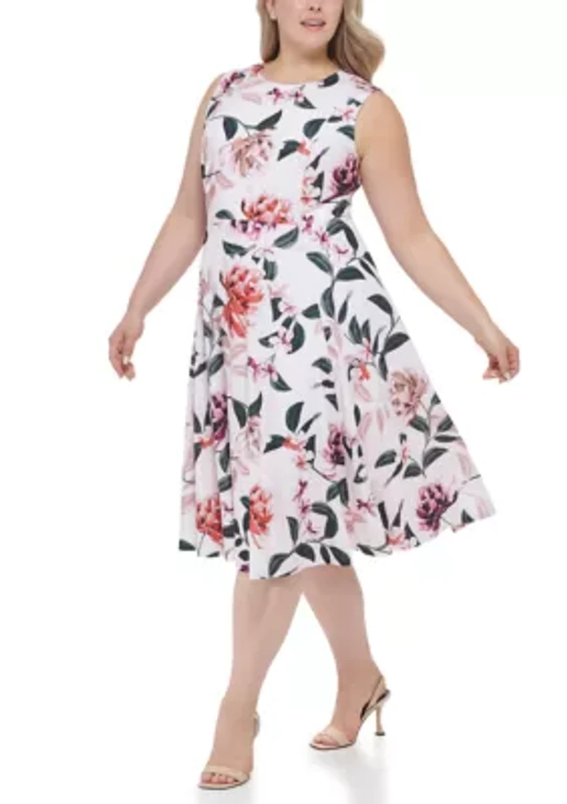Plus Sleeveless Floral Scuba Crepe Fit and Flare Dress