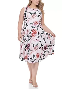 Plus Sleeveless Floral Scuba Crepe Fit and Flare Dress