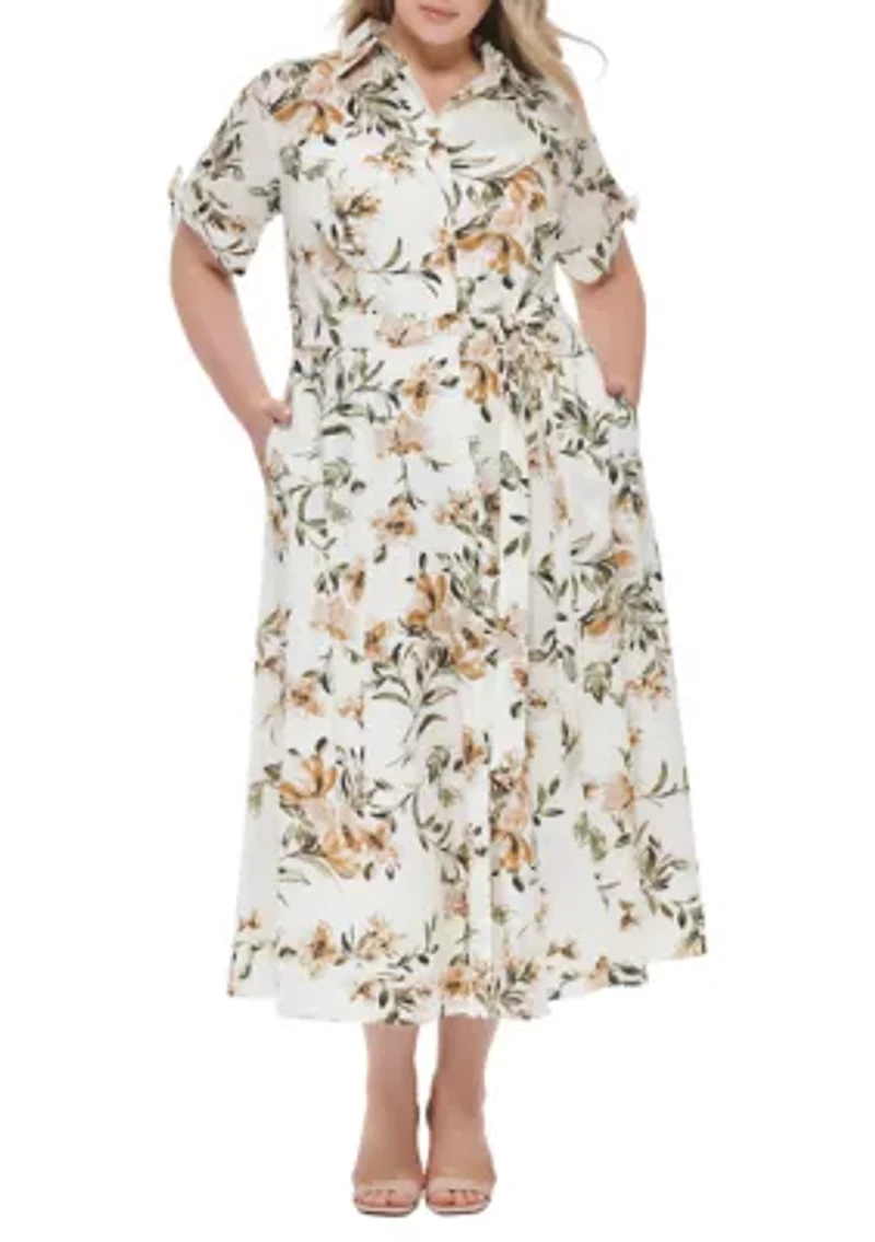 Plus Short Sleeve Collared Floral Maxi Dress