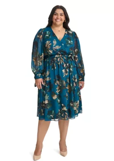 Plus Long Sleeve V-Neck Abstract Print Fit and Flare Dress