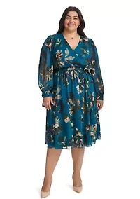 Plus Long Sleeve V-Neck Abstract Print Fit and Flare Dress