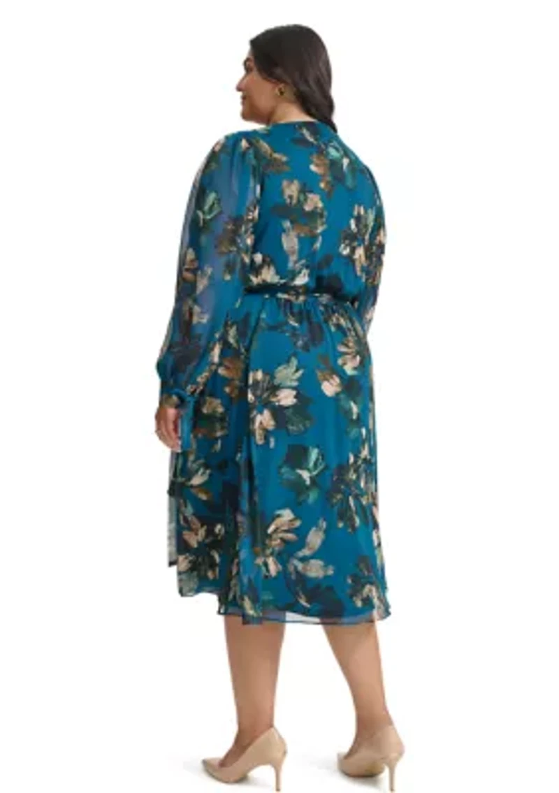 Plus Long Sleeve V-Neck Abstract Print Fit and Flare Dress