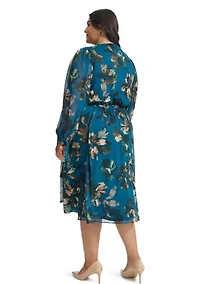 Plus Long Sleeve V-Neck Abstract Print Fit and Flare Dress