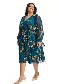 Plus Long Sleeve V-Neck Abstract Print Fit and Flare Dress