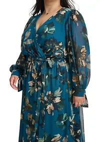 Plus Long Sleeve V-Neck Abstract Print Fit and Flare Dress