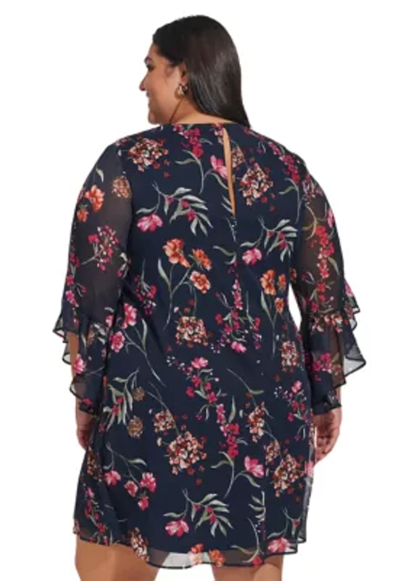 Plus Bell Sleeve V-neck Floral A-Line Dress