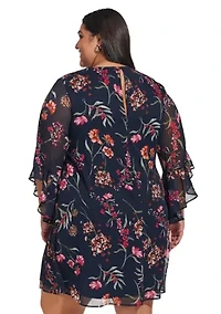 Plus Bell Sleeve V-neck Floral A-Line Dress