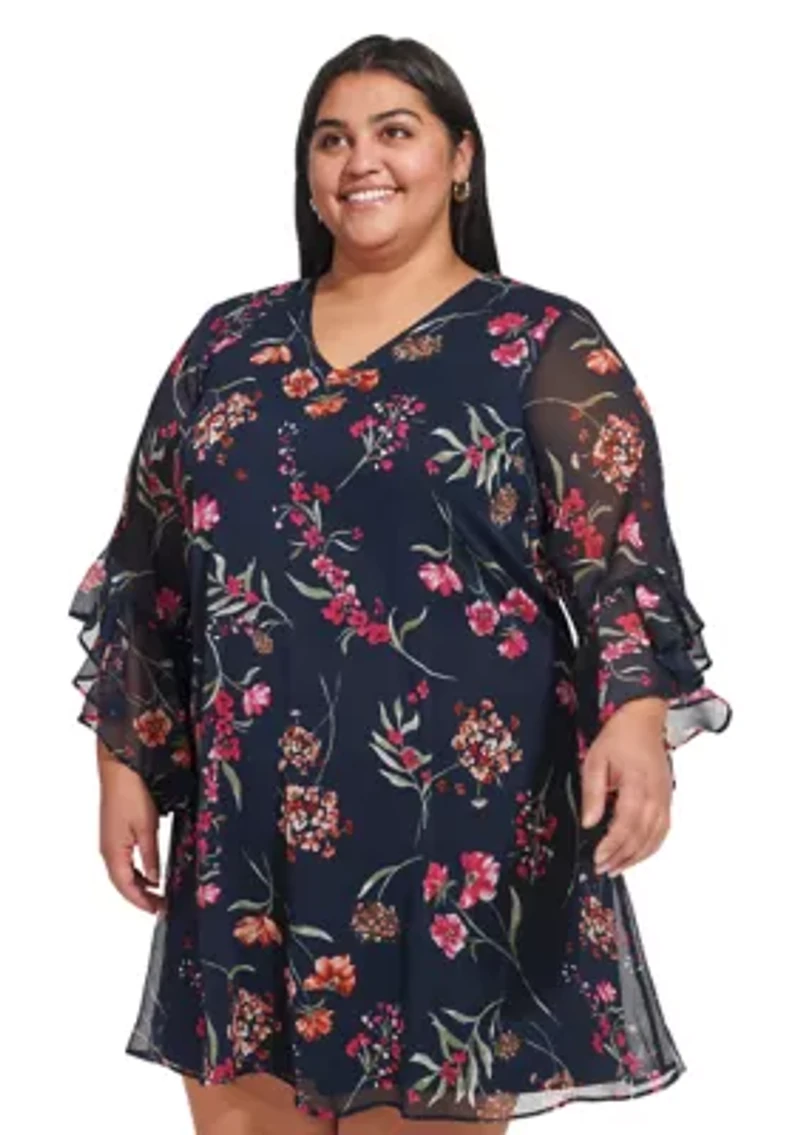 Plus Bell Sleeve V-neck Floral A-Line Dress