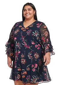 Plus Bell Sleeve V-neck Floral A-Line Dress