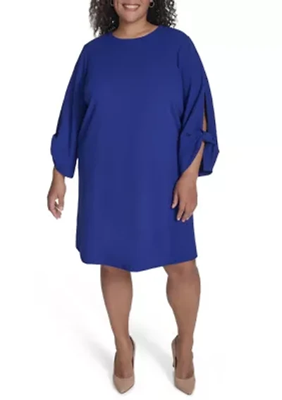 Plus Long Sleeve Crew Neck Solid Scuba Crepe A-Line Dress