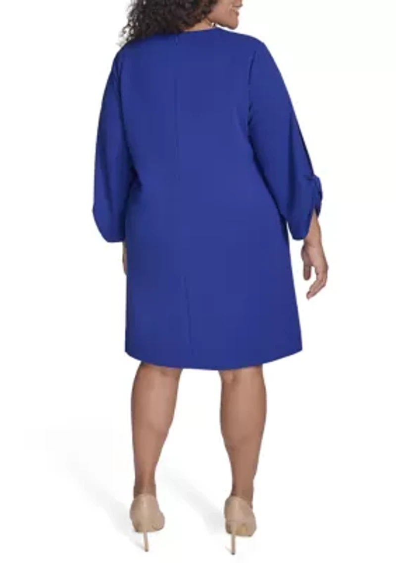 Plus Long Sleeve Crew Neck Solid Scuba Crepe A-Line Dress