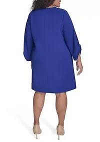 Plus Long Sleeve Crew Neck Solid Scuba Crepe A-Line Dress