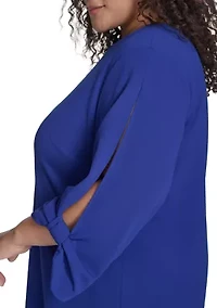 Plus Long Sleeve Crew Neck Solid Scuba Crepe A-Line Dress