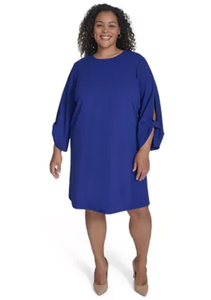 Plus Long Sleeve Crew Neck Solid Scuba Crepe A-Line Dress