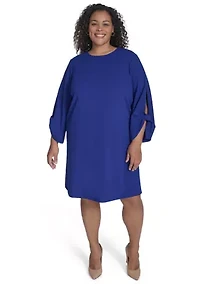 Plus Long Sleeve Crew Neck Solid Scuba Crepe A-Line Dress