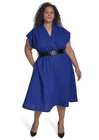 Plus Short Sleeve V-Neck Solid Belted Fit and Flare Dress