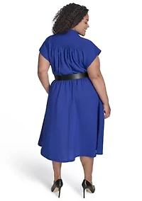 Plus Short Sleeve V-Neck Solid Belted Fit and Flare Dress