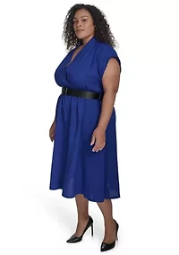 Plus Short Sleeve V-Neck Solid Belted Fit and Flare Dress