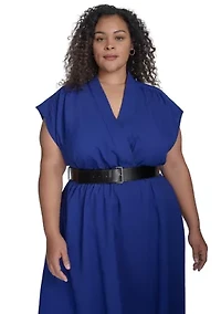 Plus Short Sleeve V-Neck Solid Belted Fit and Flare Dress