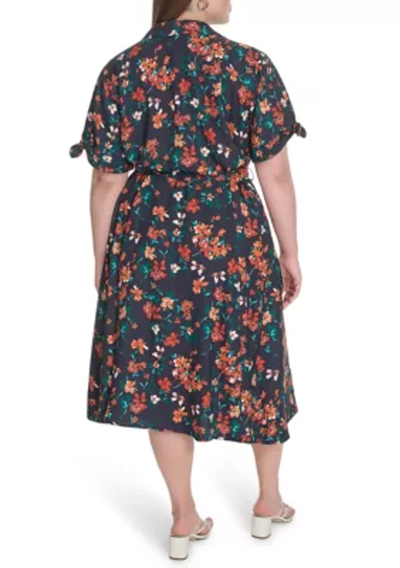 Plus Floral Printed Fit and Flare Crepe Dress