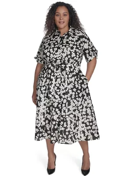 Plus Short Sleeve V-Neck Floral Print Fit and Flare Dress