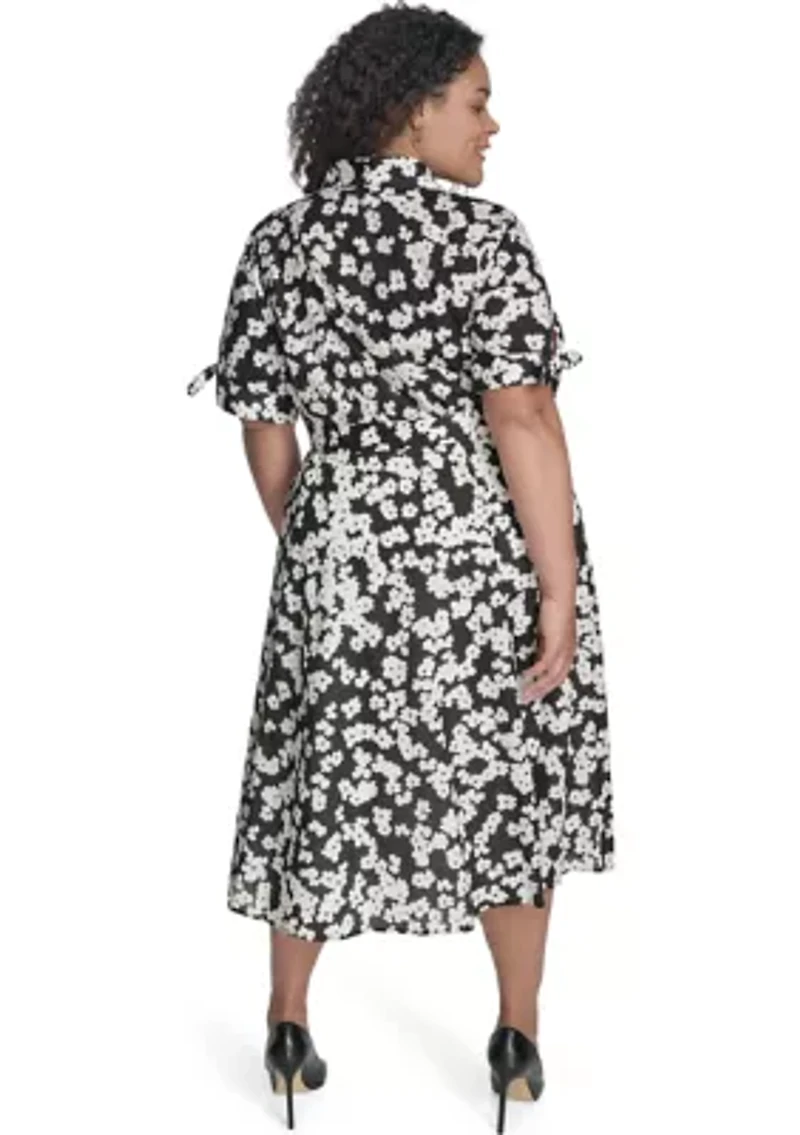 Plus Short Sleeve V-Neck Floral Print Fit and Flare Dress