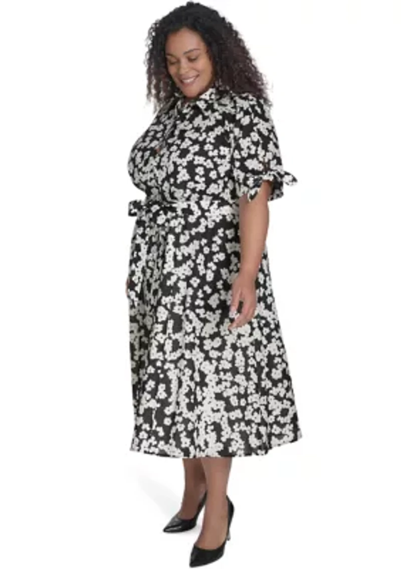 Plus Short Sleeve V-Neck Floral Print Fit and Flare Dress