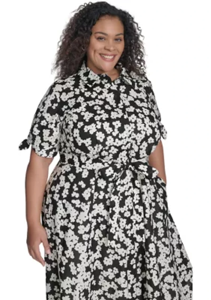 Plus Short Sleeve V-Neck Floral Print Fit and Flare Dress