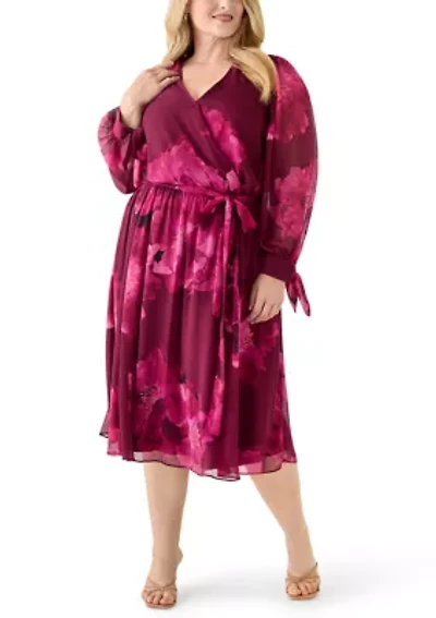 Plus Long Sleeve Floral Print Midi Dress