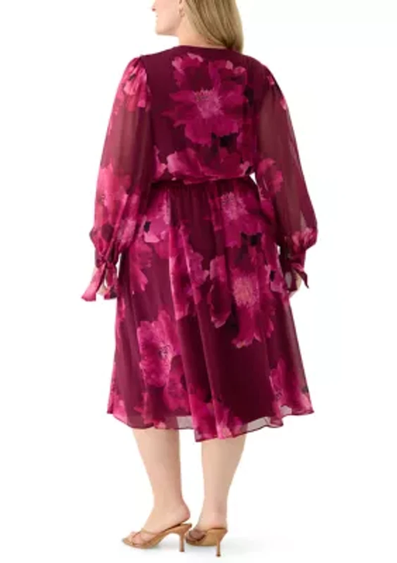 Plus Long Sleeve Floral Print Midi Dress