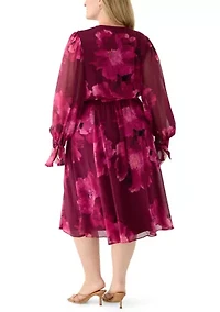 Plus Long Sleeve Floral Print Midi Dress