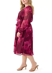 Plus Long Sleeve Floral Print Midi Dress