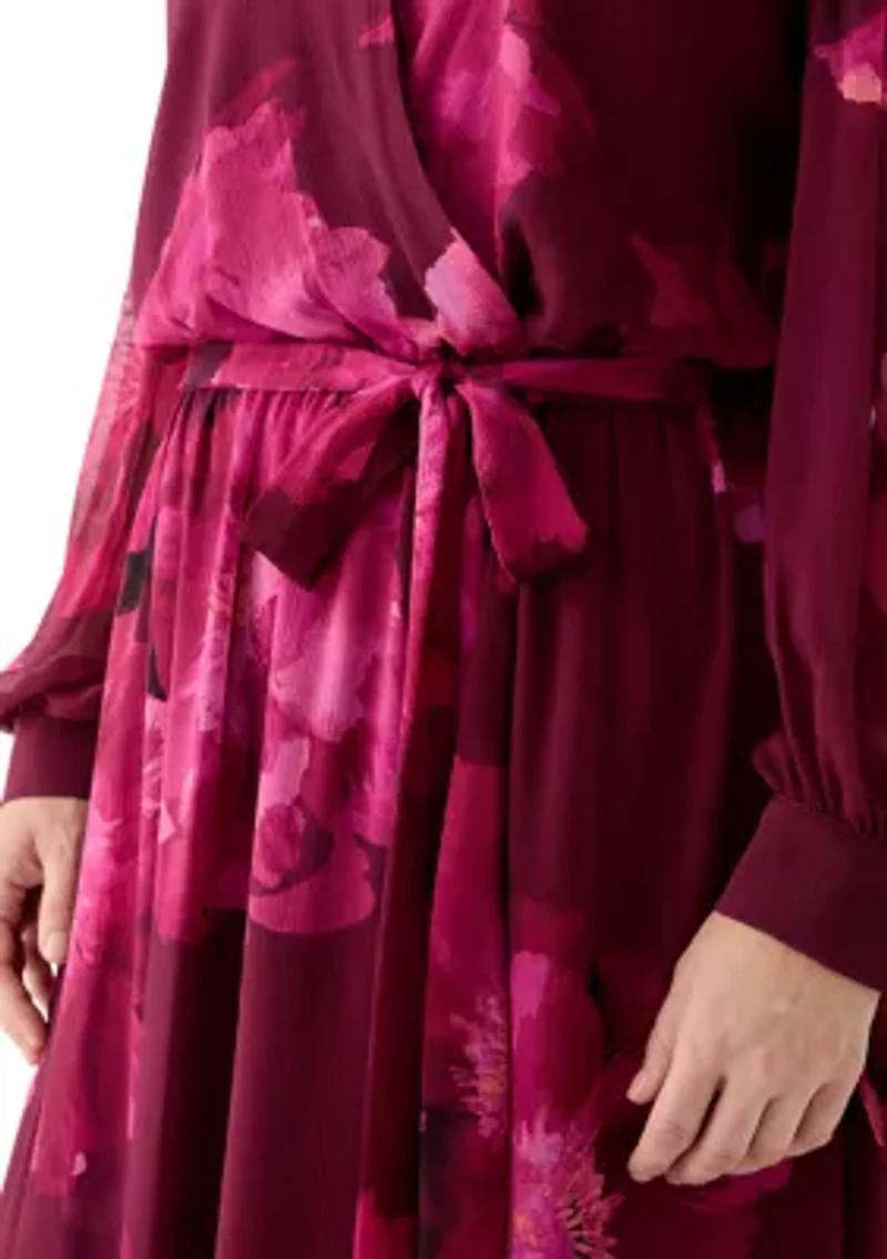 Plus Long Sleeve Floral Print Midi Dress