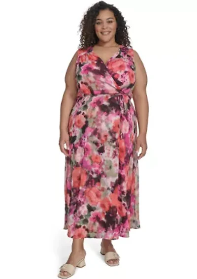 Plus V-Neck Floral Printed Fit and Flare Dress