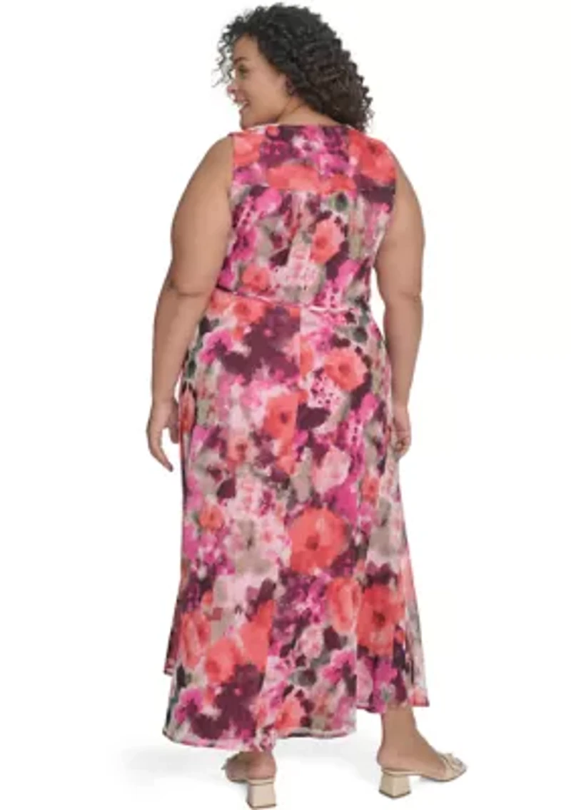 Plus V-Neck Floral Printed Fit and Flare Dress