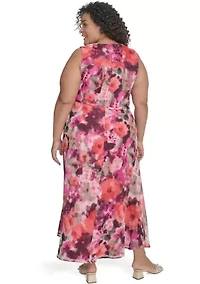 Plus V-Neck Floral Printed Fit and Flare Dress