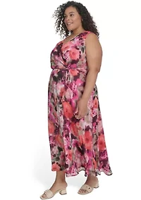 Plus V-Neck Floral Printed Fit and Flare Dress