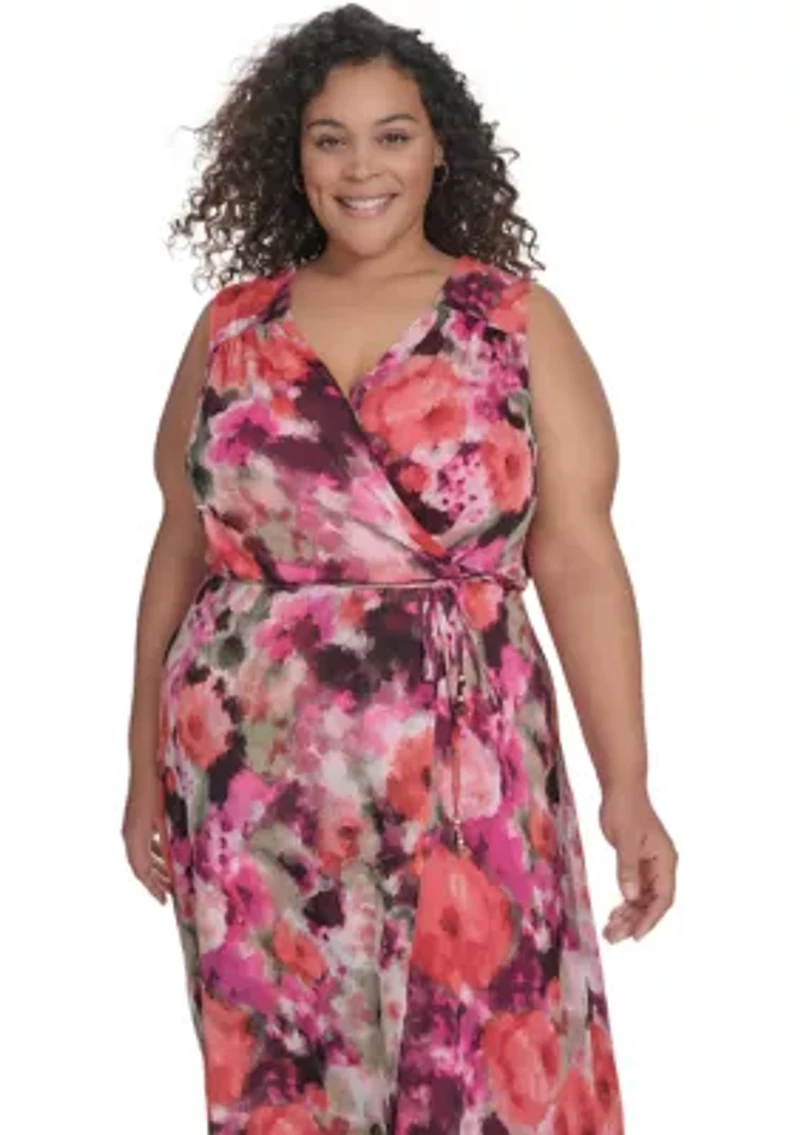 Plus V-Neck Floral Printed Fit and Flare Dress
